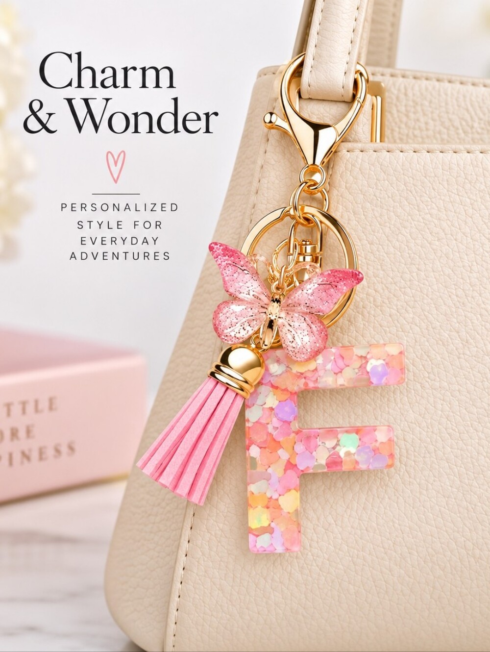 Charm & Wonder | Initials Collection – Letter F Resin Bag Charm Keychain